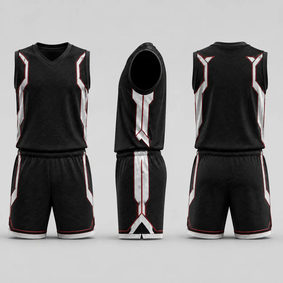 Uniforme 3 vistas personalizado Titan en negro, blanco y rojo